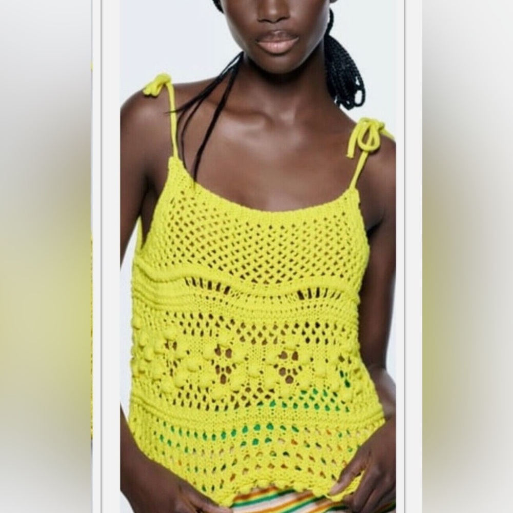 ZARA Yellow Pointelle Knit Crochet Top